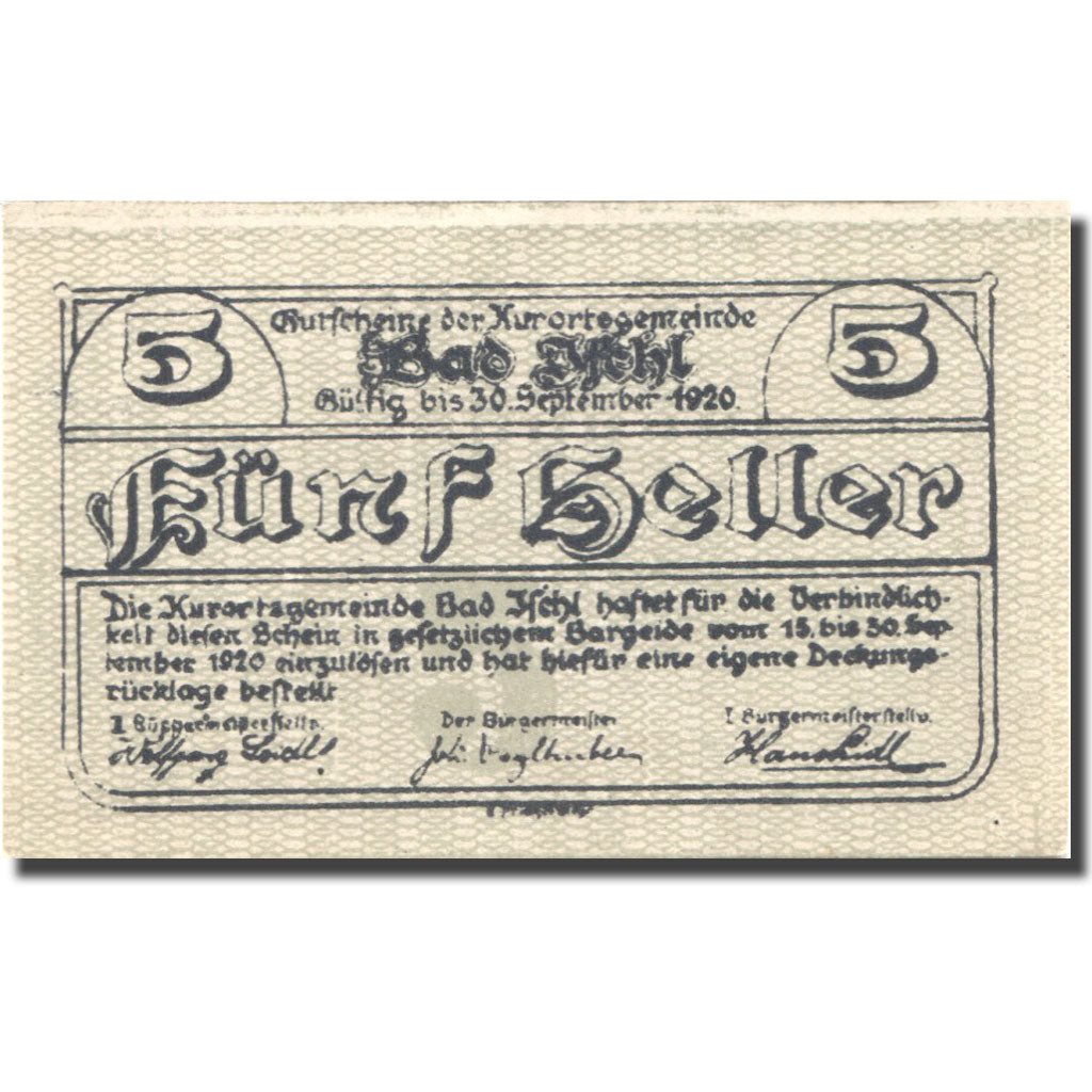 Banknote, Austria, Bad Ischl, 5 Heller, valeur faciale, 1920 SPL Mehl:FS 77a