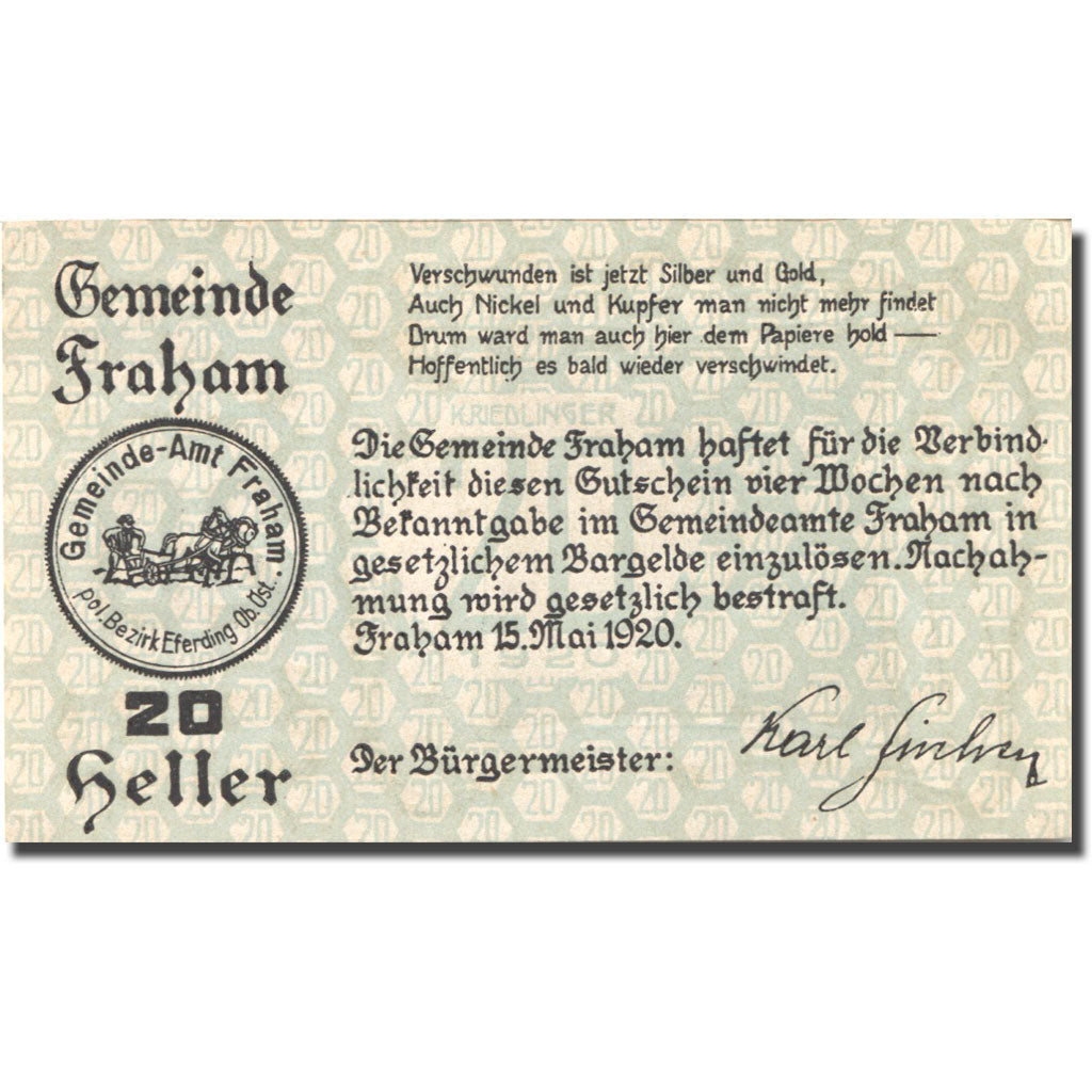Banknote, Austria, Fraham, 20 Heller, moulin, UNC(63), Mehl:FS 205a