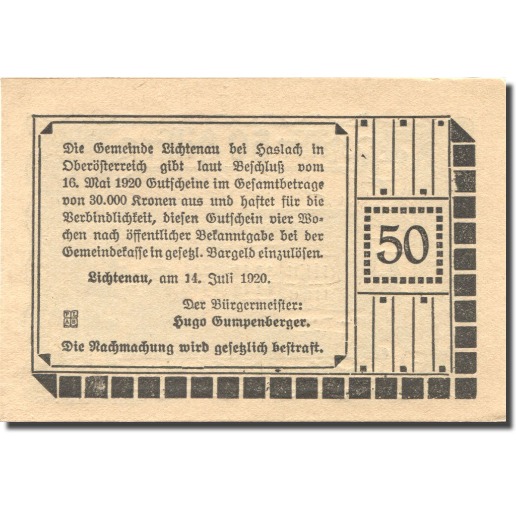 Banknote, Austria, Lichtenau, 50 Heller, château, 1920 UNC(63) Mehl:FS 517