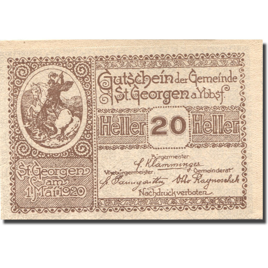 Banknote, Austria, St Georgen, 20 Heller, chevalier, 1920 UNC(63) Mehl:FS 885I