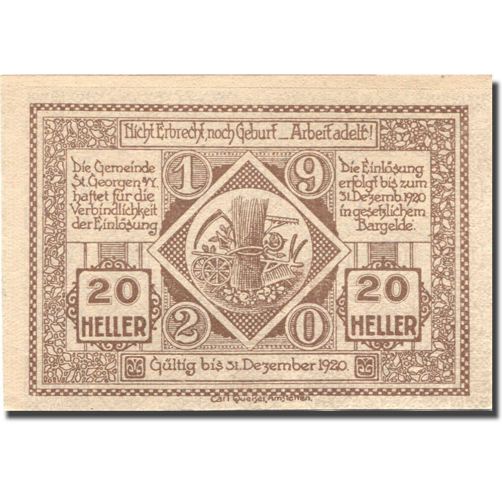 Banknote, Austria, St Georgen, 20 Heller, chevalier, 1920 UNC(63) Mehl:FS 885I