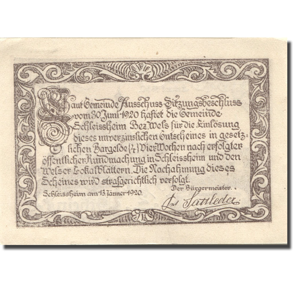 Banknote, Austria, Schleissheim, 1/2 Krone, village 1920 UNC(63) Mehl:FS 961