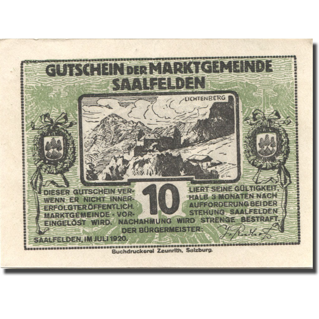 Banknote, Austria, Saalfelden, 10 Heller, ruine, 1920, UNC(63), Mehl:FS 859b