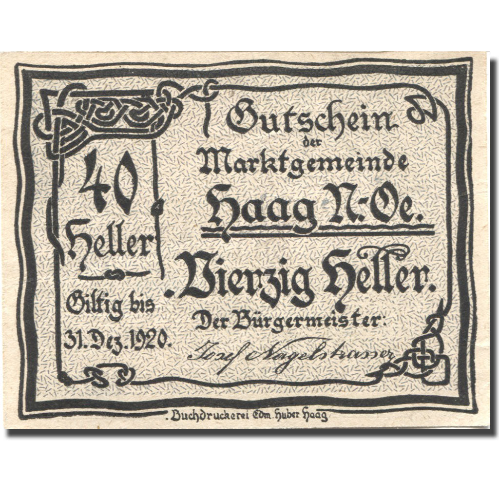 Banknote, Austria, Haag, 40 Heller, château 1920-12-31, UNC(63), Mehl:FS 318VIb