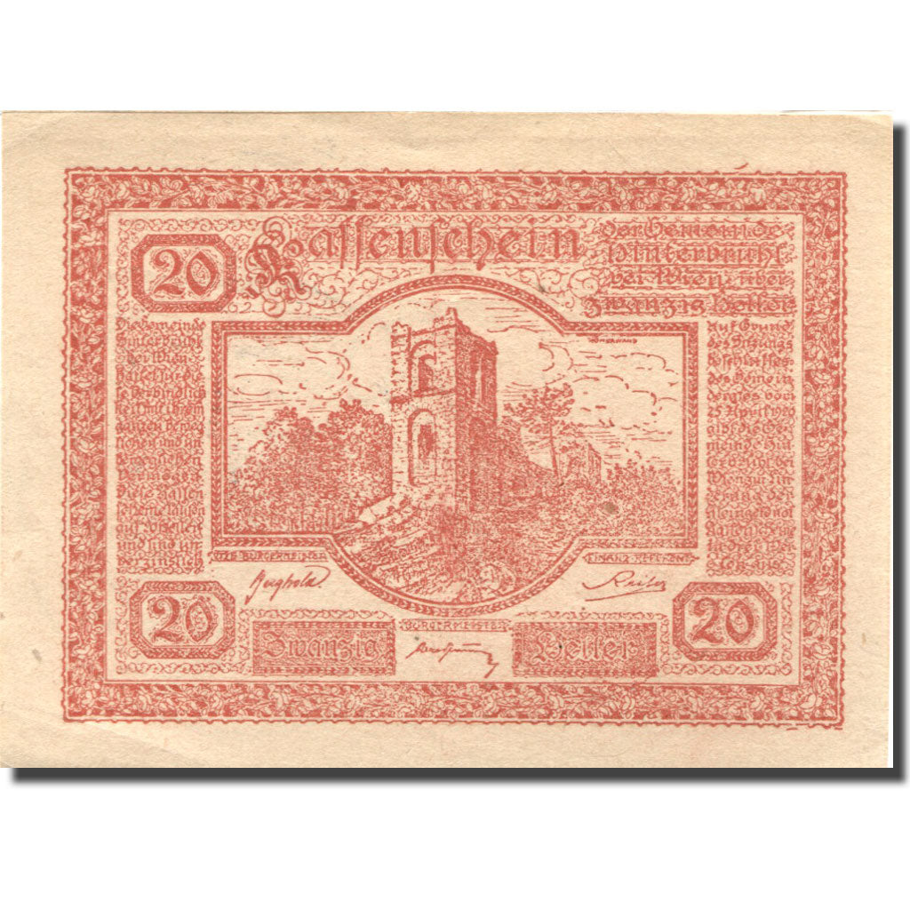 Banknote, Austria, Hinterbrühl, 20 Heller, château, 1920 UNC(63) Mehl:FS 376Ia