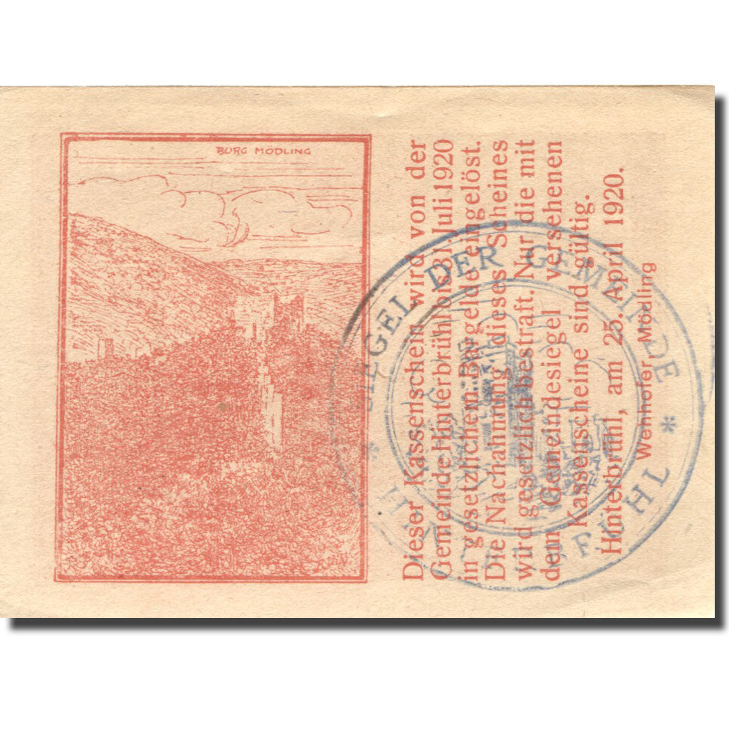 Banknote, Austria, Hinterbrühl, 20 Heller, château, 1920 UNC(63) Mehl:FS 376Ia
