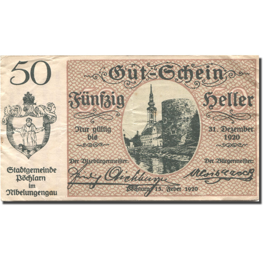 Banconote, Austria, Pöchlarn, 50 Heller, Eglise 1920-12-31, BB Mehl:FS 755II