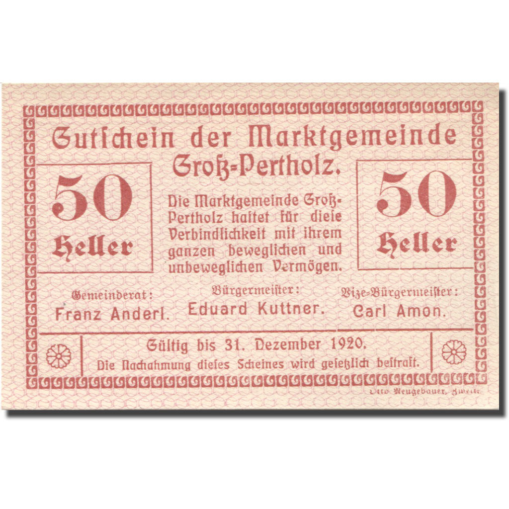 Billet Autriche Gross-Pertholz, 50 Heller valeur faciale 1920 SPL Mehl:FS 295IIc