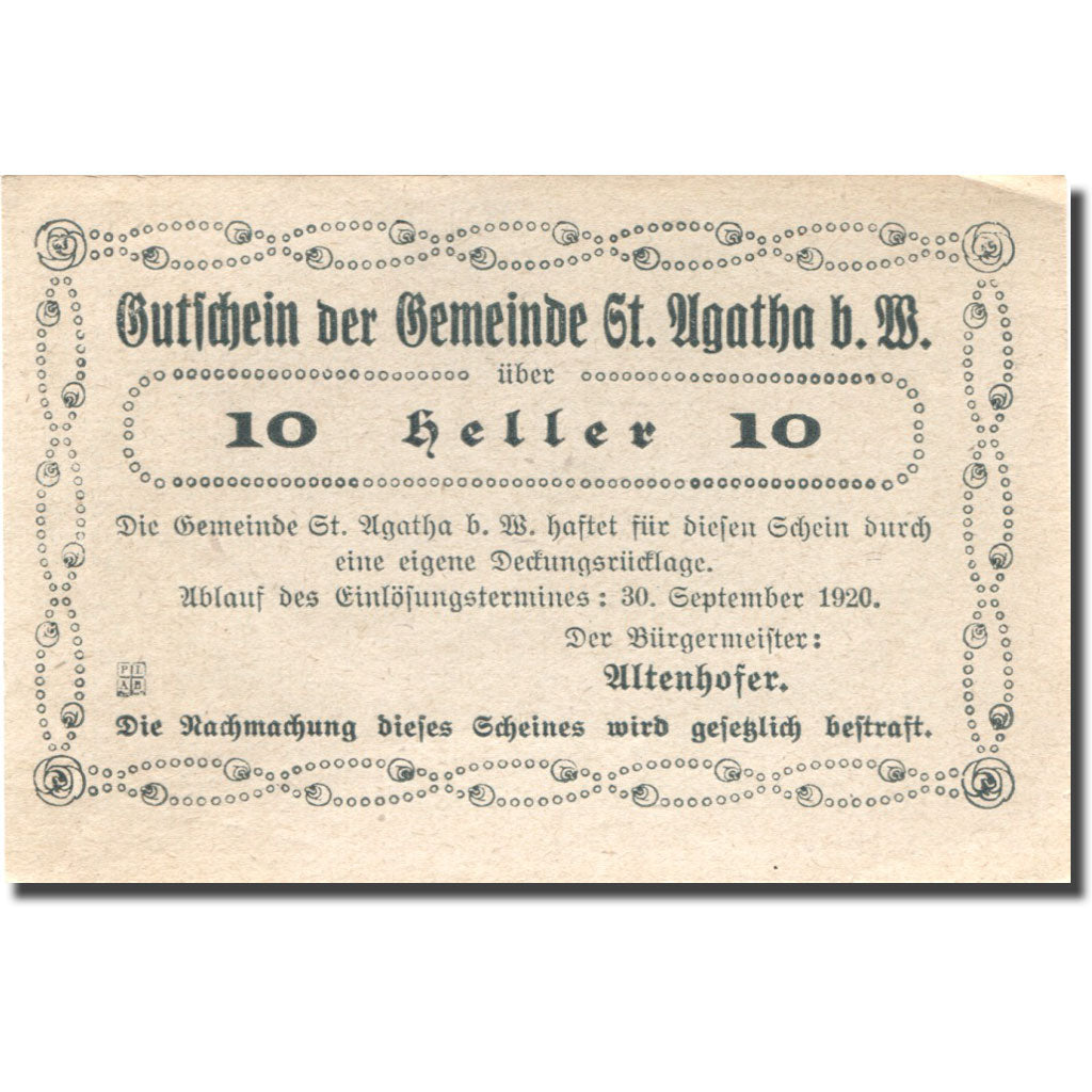 Banknote, Austria, St Agatha, 10 Heller, village, 1920 UNC(63) Mehl:FS 877Ib1