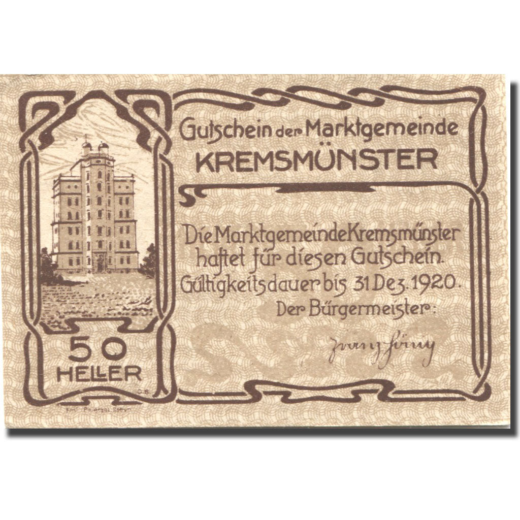 Banknote, Austria, Kremsmünster, 50 Heller, Monument, 1920 UNC(63) Mehl:FS 476Ia