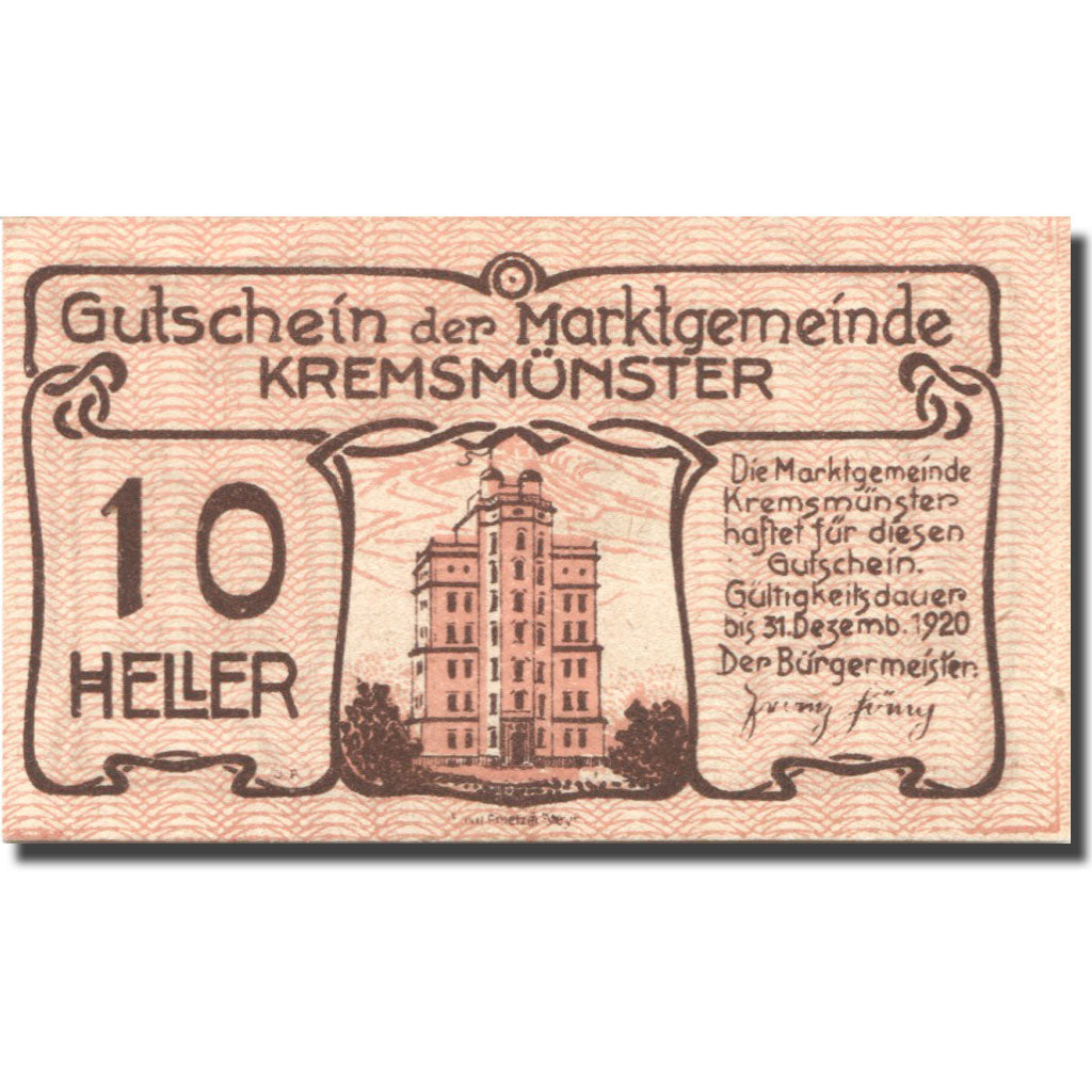 Banknote, Austria, Kremsmünster 10 Heller monument 1, 1920 UNC(63) Mehl:FS 476Ia