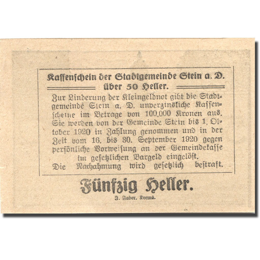 Banknote, Austria, Stein a/d Donau, 50Heller Eglise, 1920 UNC(63) Mehl:FS 1015I1
