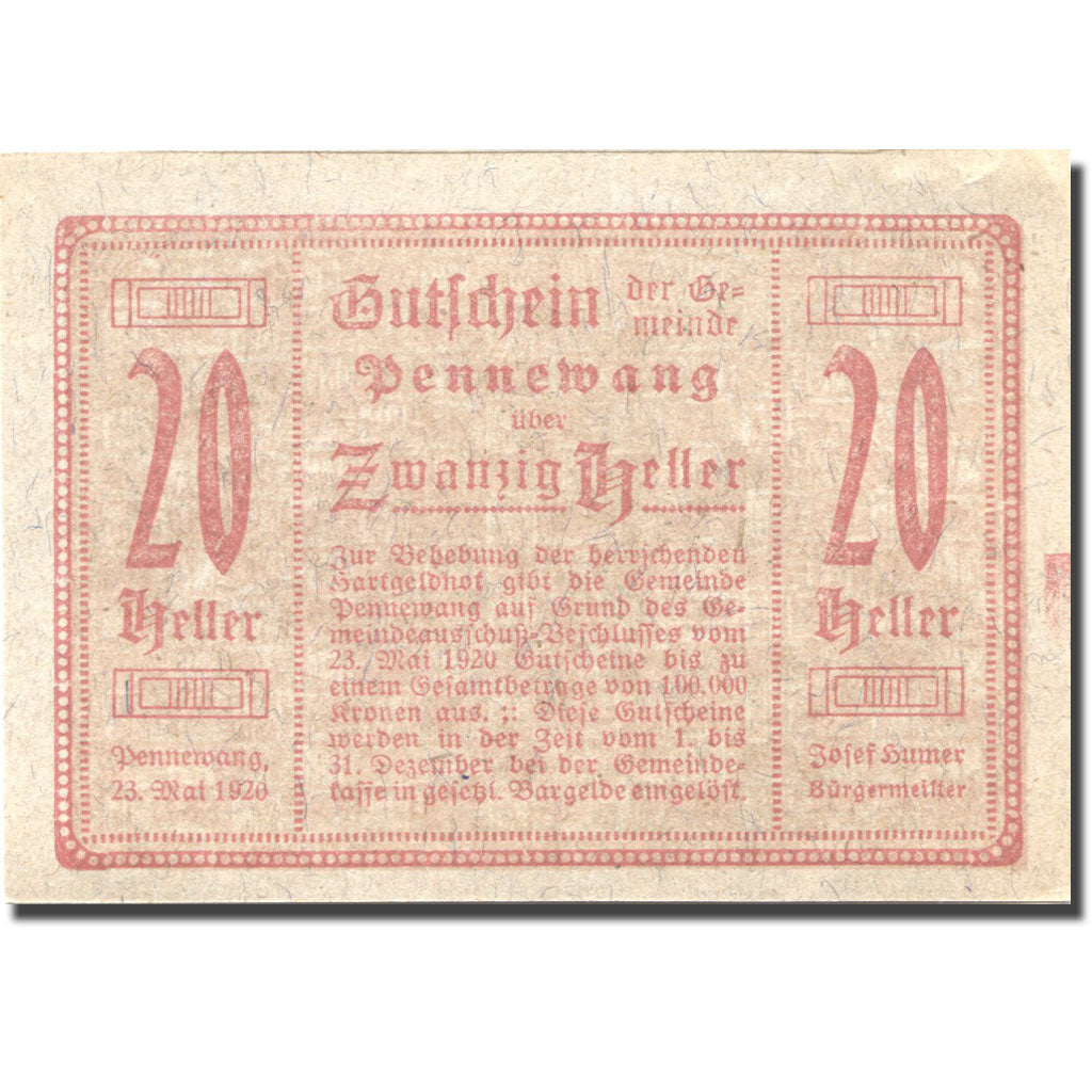 Banknote, Austria, Pennewang, 20 Heller, village, 1920 UNC(63) Mehl:FS 727a
