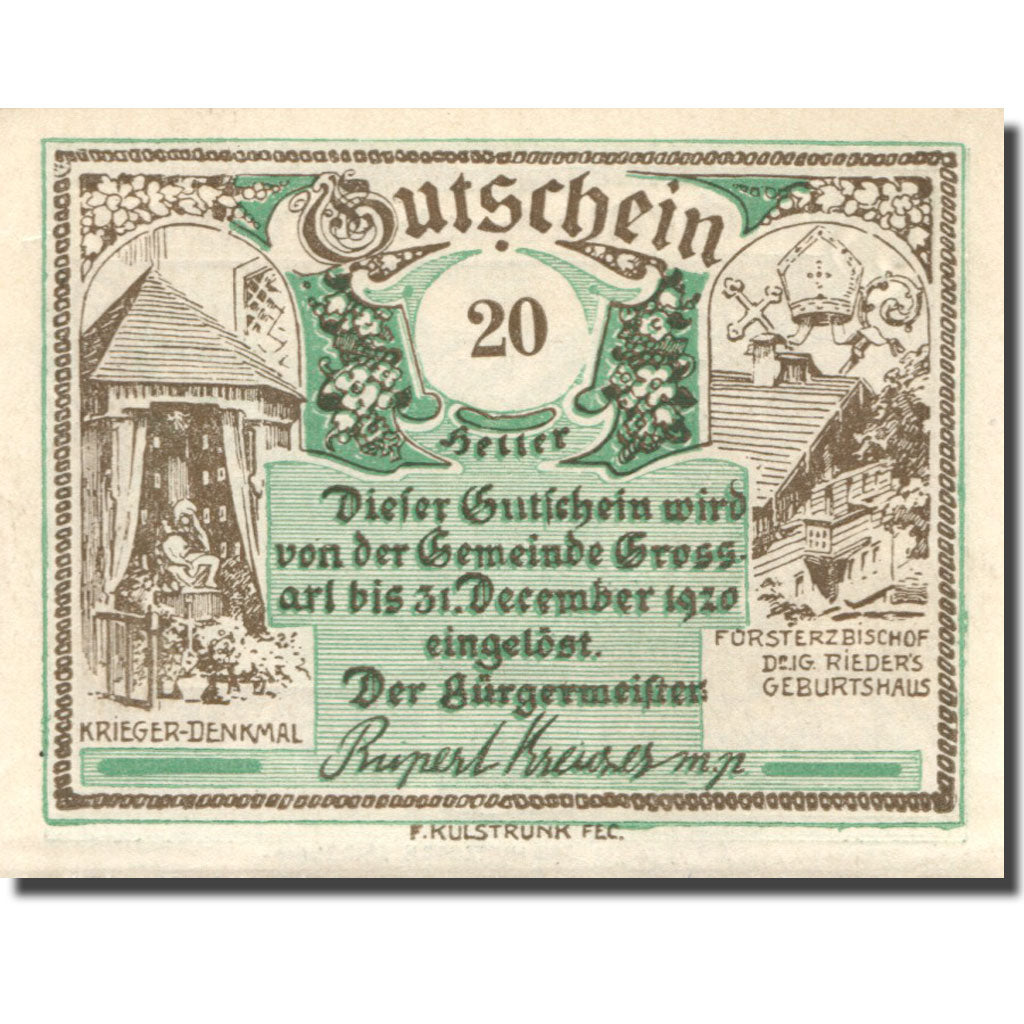 Banknote, Austria, Grossarl, 20 Heller, Forêt, 1920 green UNC(63) Mehl:FS 292a