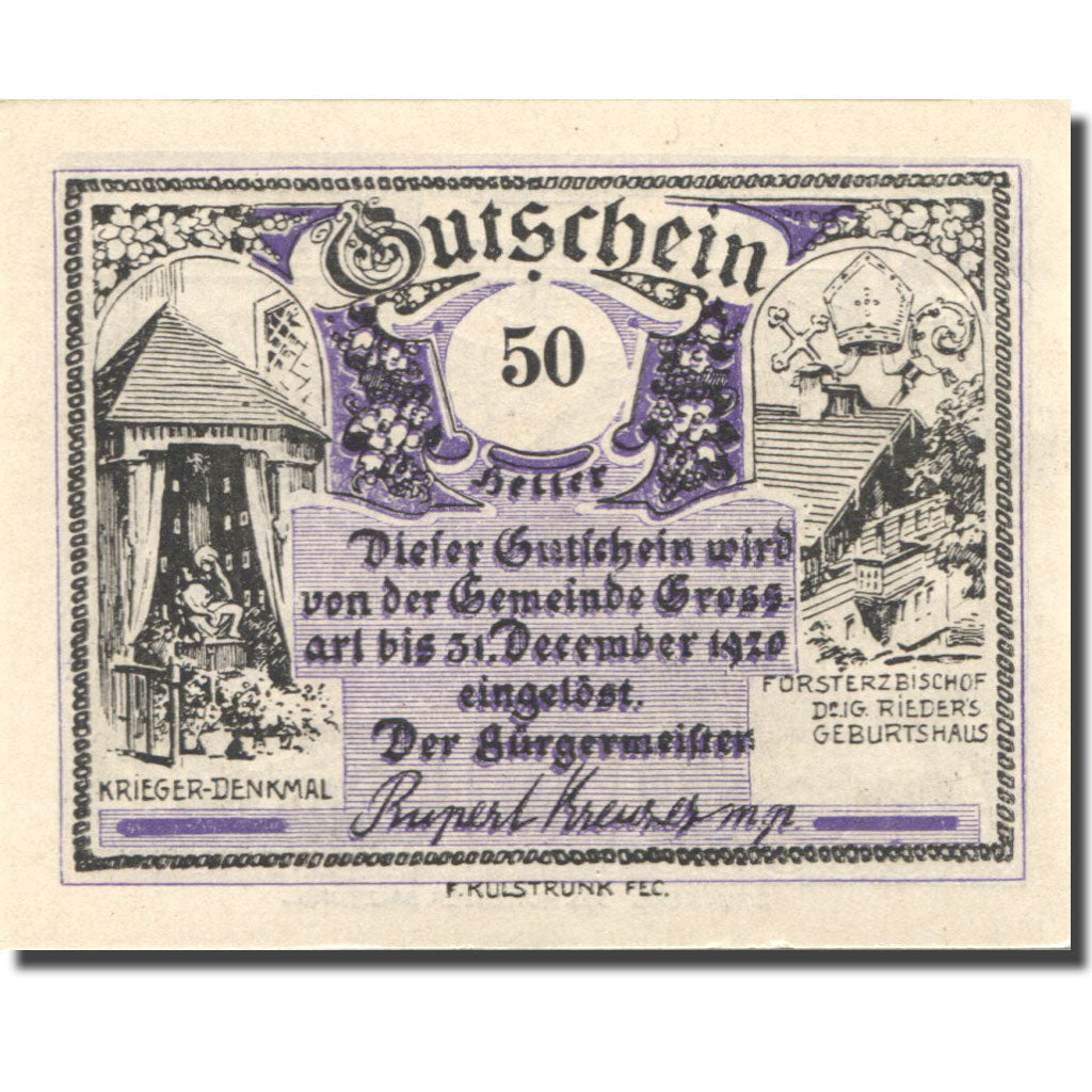 Banknote, Austria, Grossarl 50 Heller, forêt 1, 1920 UNC(63) purple Mehl:FS 292a