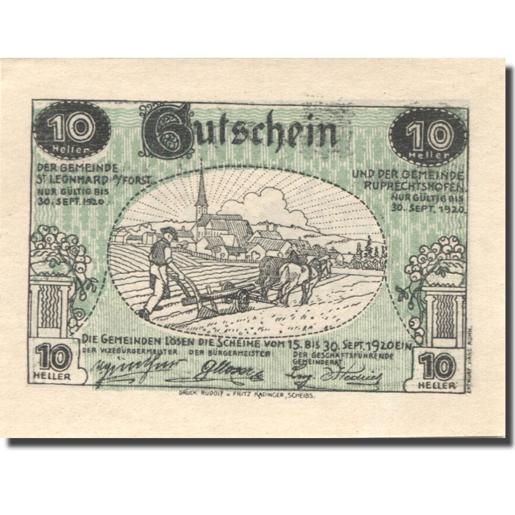 Banknote, Austria, St Leonhard, 10 Heller, champs, 1920 UNC(63) Mehl:FS 901a