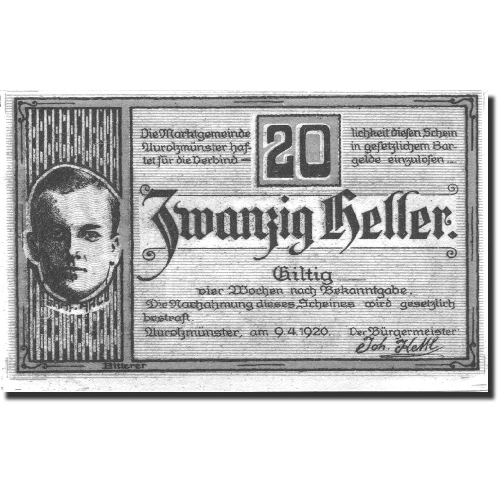 Geldschein Österreich Aurolzmünster 20Heller, personnage, 1920 UNZ- Mehl:FS 69a