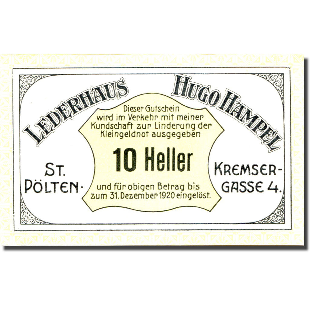 Banknote, Austria, St Pölten, 10 Heller, Armurerie, 1920 UNC(63) Mehl:FS 933