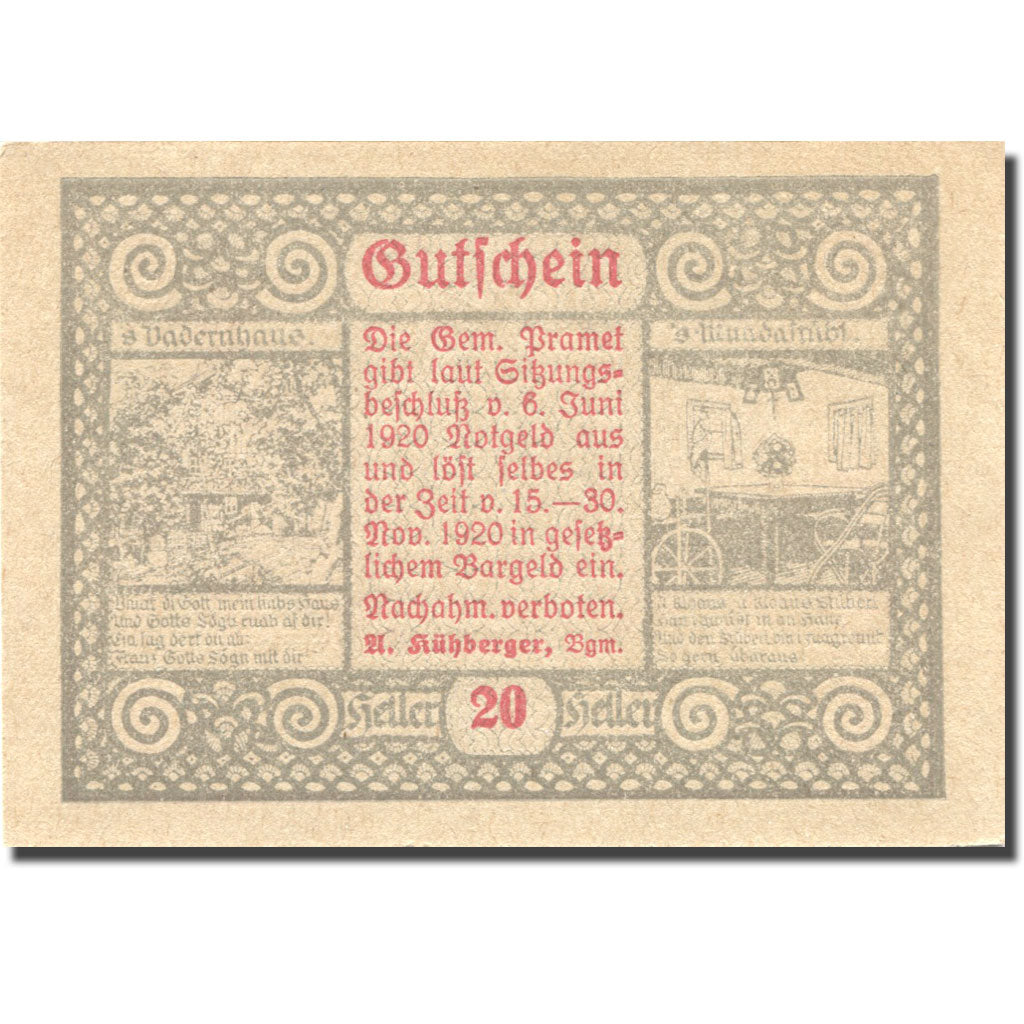 Banknote, Austria, Pramet, 20 Heller, personnage, 1920 UNC(63) Mehl:FS 781a