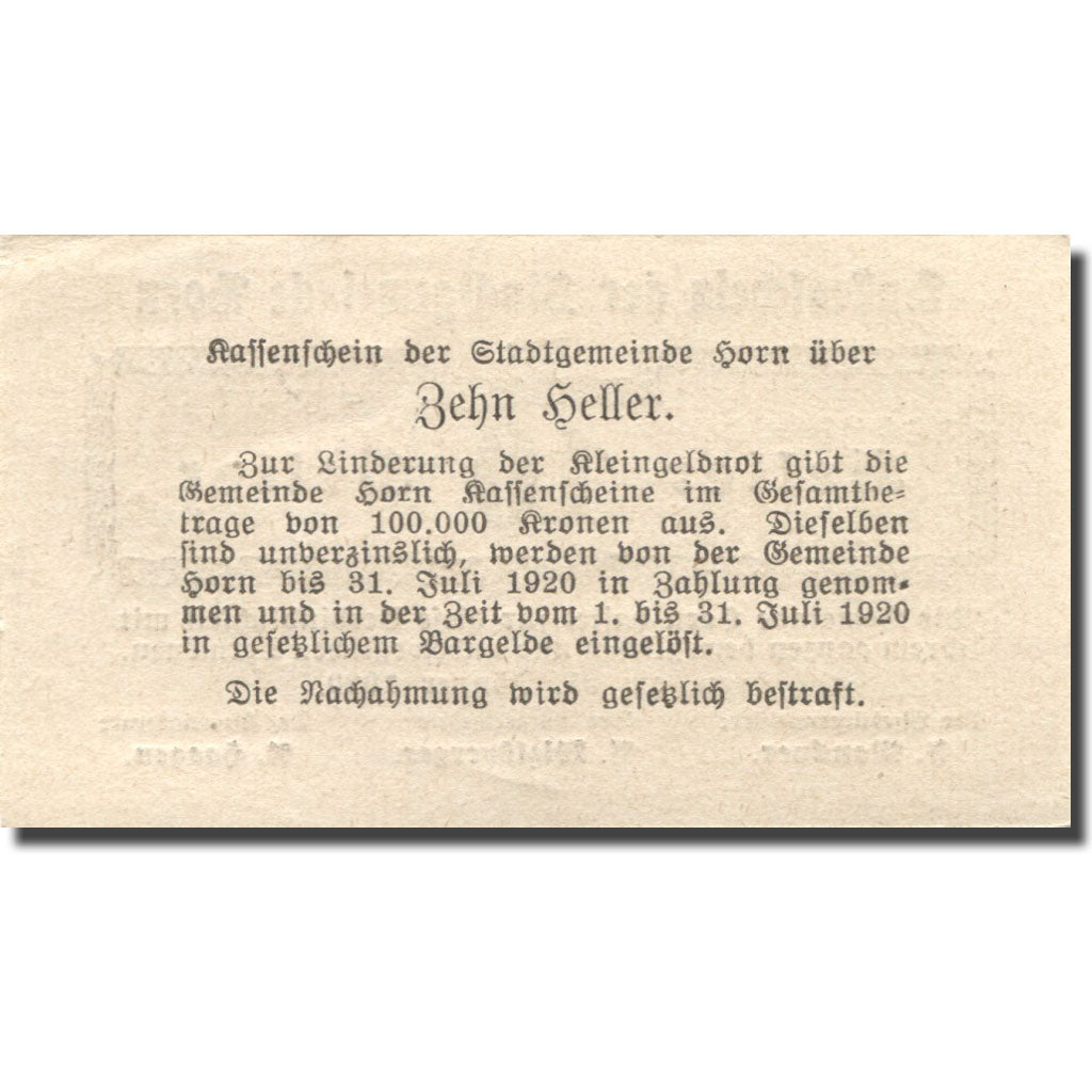 Banknote, Austria, Horn, 10 Heller, valeur faciale, 1920, UNC(63) Mehl:FS 397Ia7