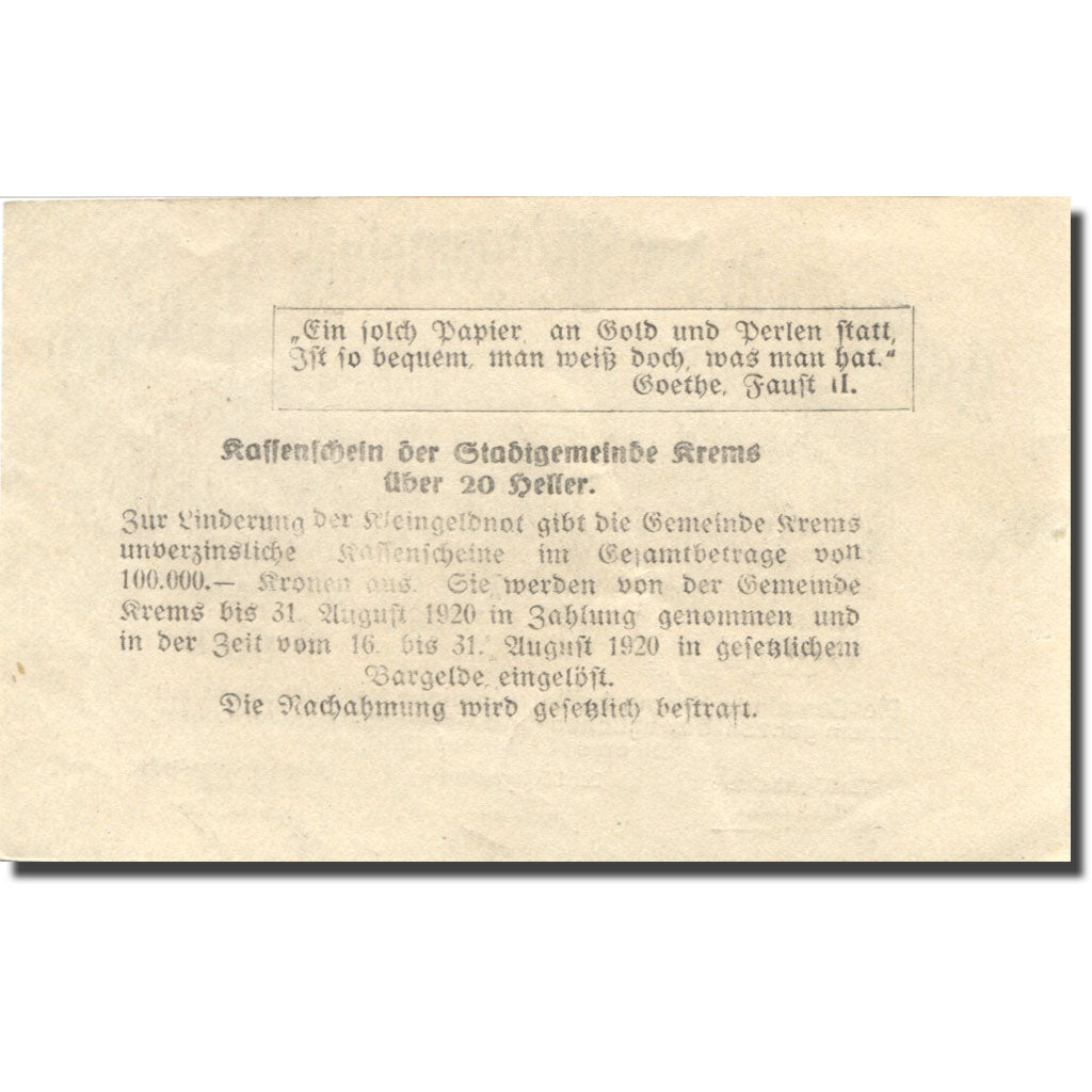 Banknote, Austria, Krems, 20 Heller, Eglise, 1920 AU(55-58) Mehl:FS 472I