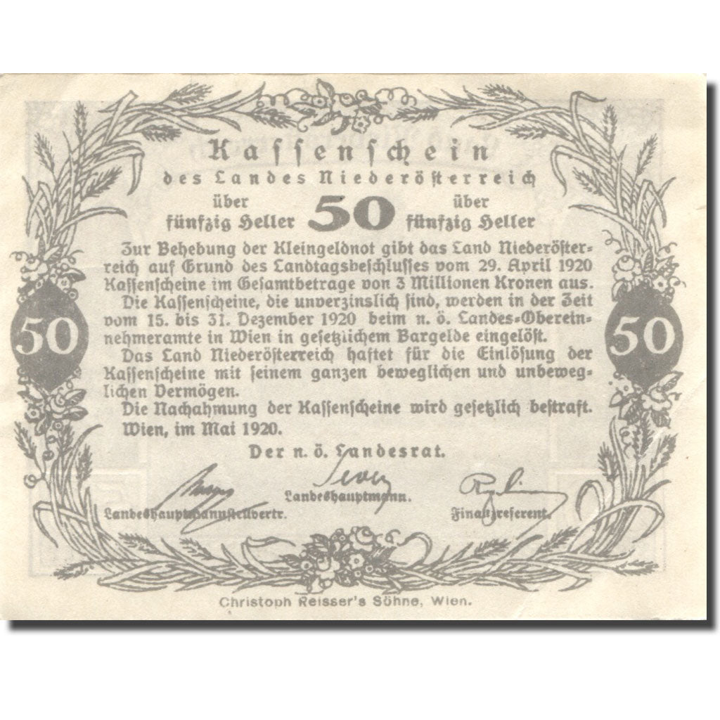 Billete, Austria, Niederösterreich, 50 Heller, arbre, 1920, EBC Mehl:FS 671I