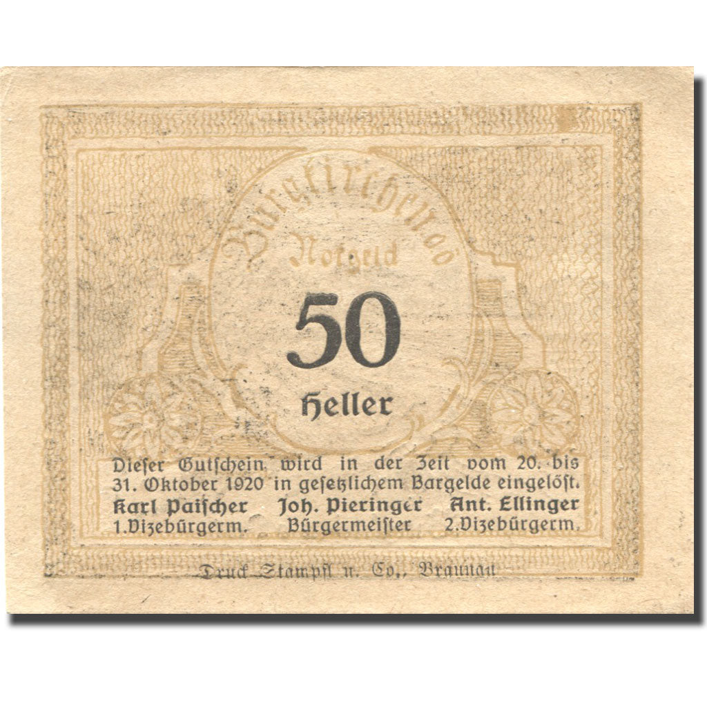 Banknote, Austria, Burgkirchen, 50 Heller, village, 1920 UNC(63) Mehl:FS 115b