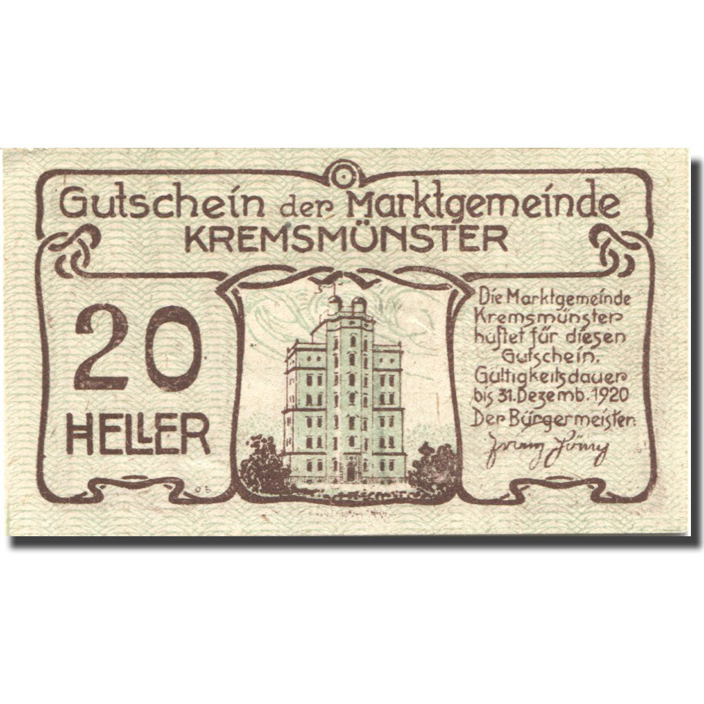 Banknote, Austria, Kremsmünster, 20 Heller, Monument, 1920 UNC(63) Mehl:FS 476Ia