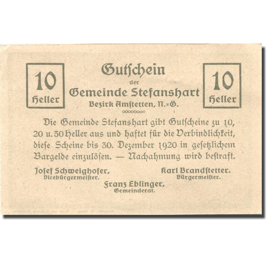 Banknote, Austria, Stefanshart, 10 Heller, Monument, 1920 UNC(63) Mehl:FS 1013a