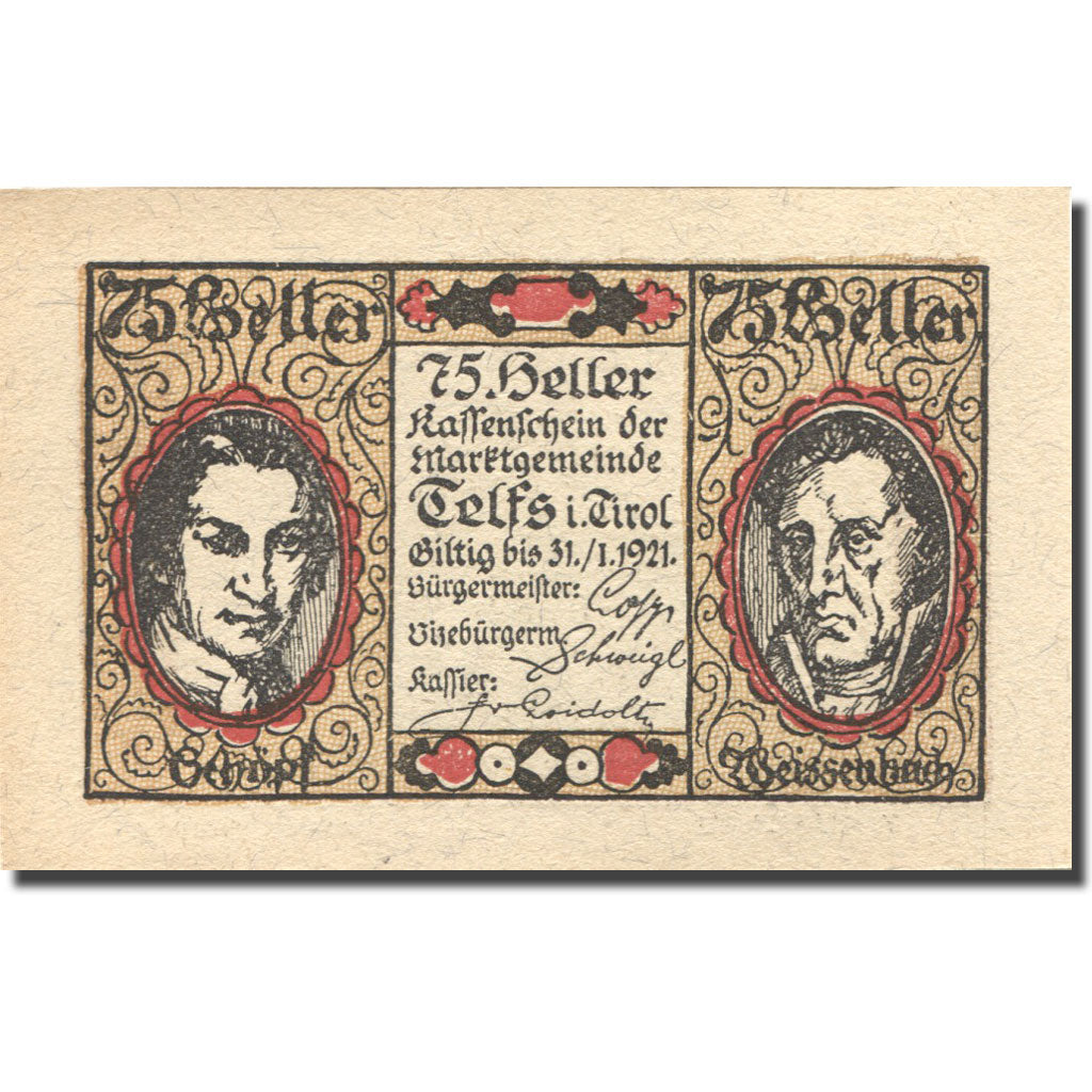 Banknote, Austria, Telfs, 75 Heller, personnage, 1921 UNC(63) Mehl:FS 1061a