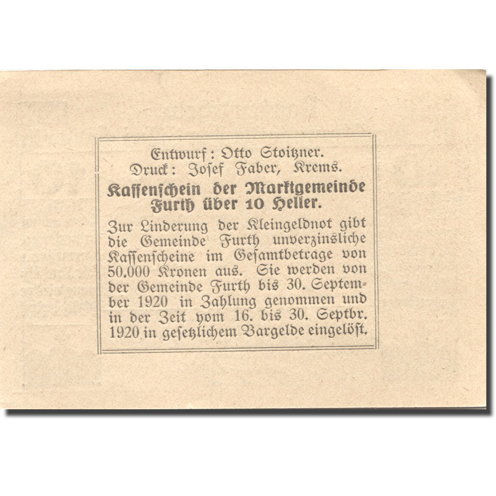 Banknote, Austria, Furth, 10 Heller, village 1920-05-20, UNC(63), Mehl:FS 214aB