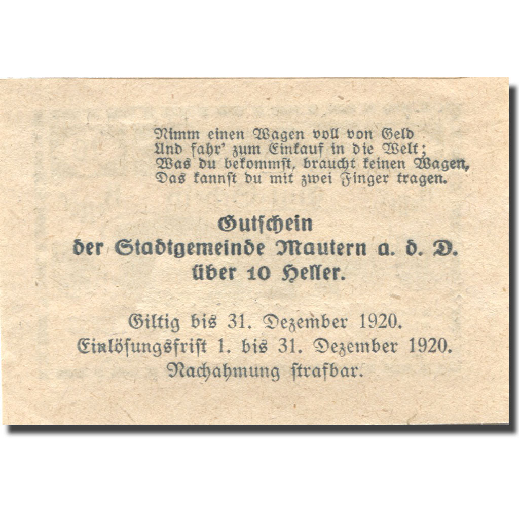 Banknote, Austria, Mautern, 10 Heller, pont 1920-12-31, UNC(63), Mehl:FS 600IAb