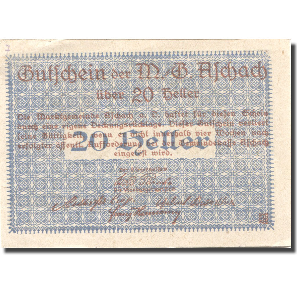 Banknote, Austria, Aschach 20 Heller, Blason 1, UNC(63) blue Mehl:FS 53IIb01