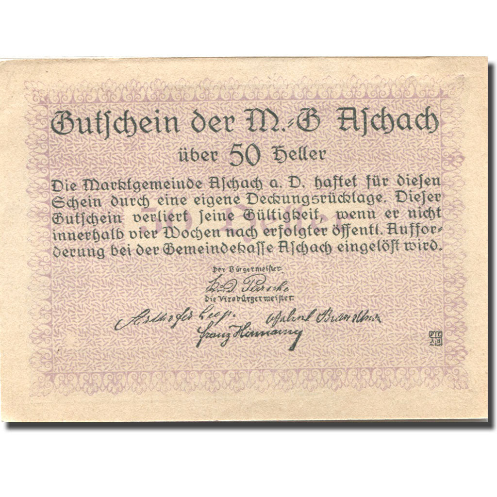 Geldschein, Österreich, Aschach 50 Heller, fleuve, UNZ-, Mehl:FS 53IIb1