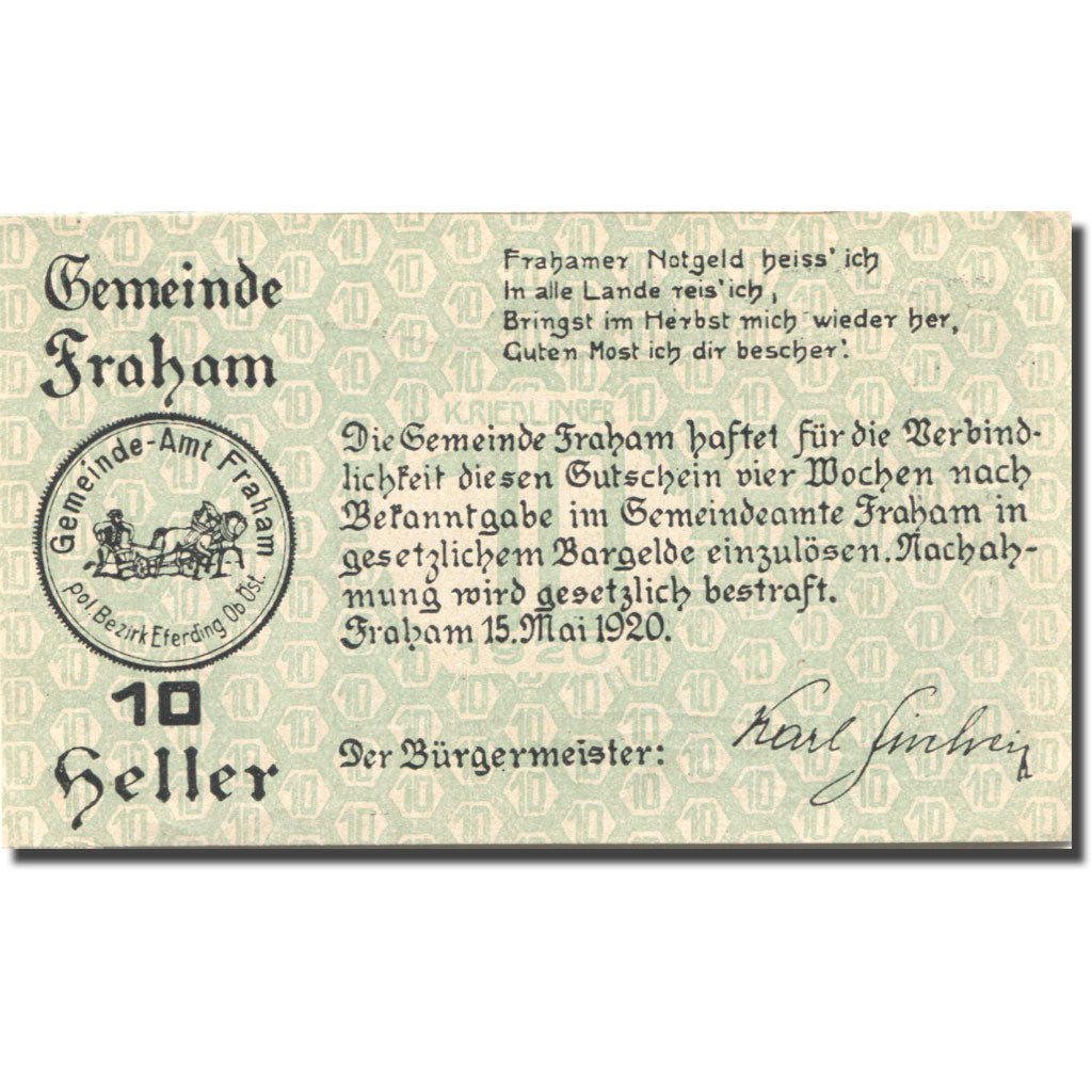 Banknote, Austria, Fraham, 10 Heller, ferme, 1920 UNC(63), Mehl:FS 205c