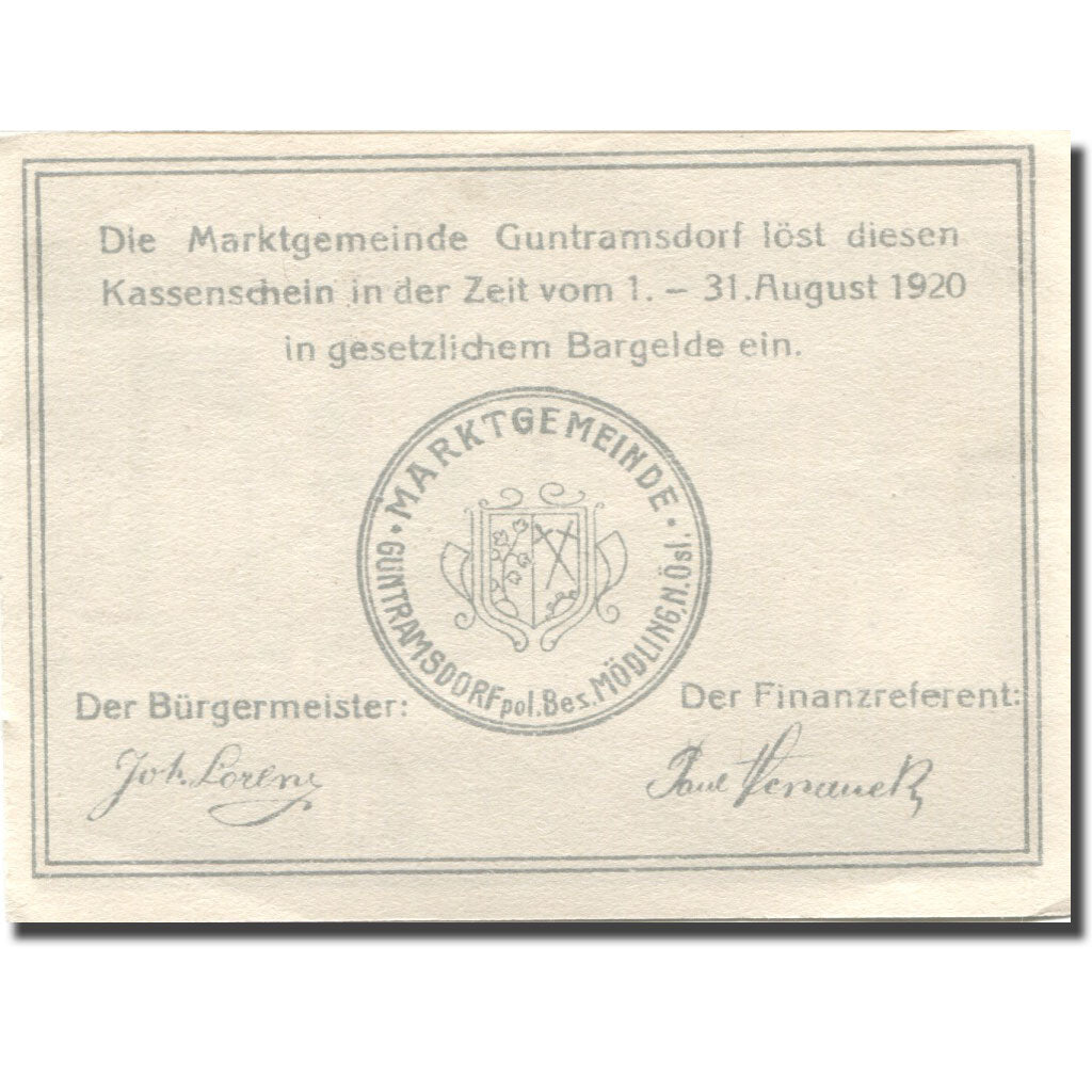 Banknote, Austria, Guntramsdorf, 50 Heller, Usine, 1920 UNC(63) Mehl:FS 310c