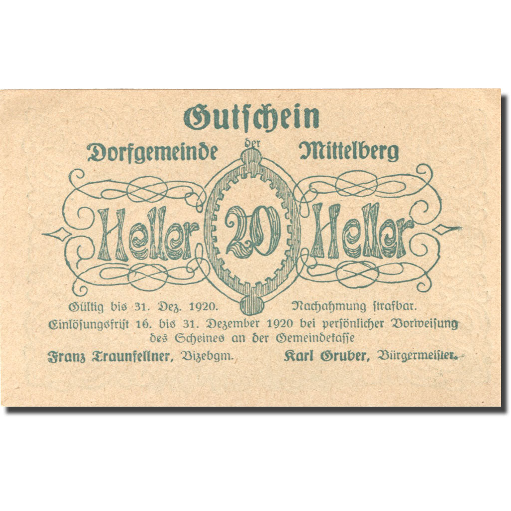 Banknote, Austria, Mittelberg, 20 Heller, ruine, 1920 UNC(63) green Mehl:FS 158