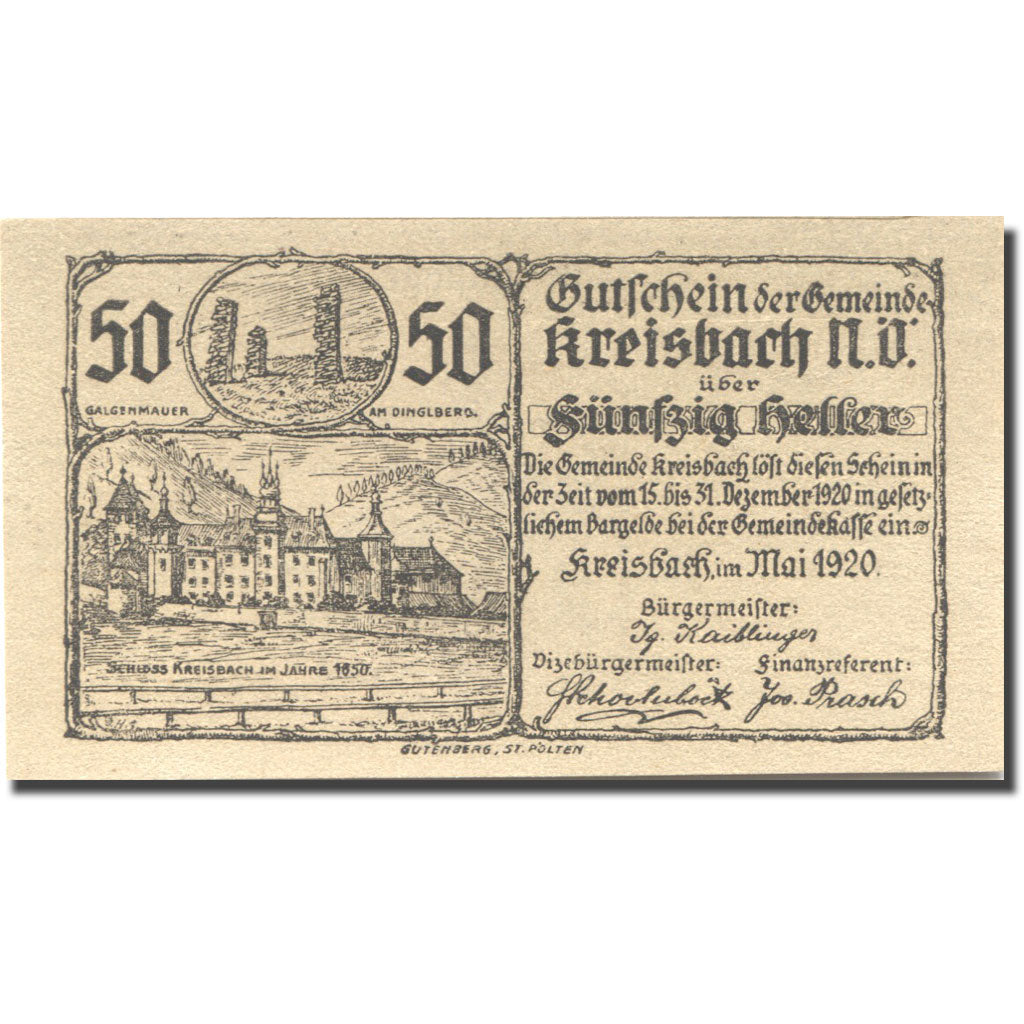 Banknote, Austria, Kreisbach, 50 Heller, chateau 1, 1920 UNC(63) Mehl:FS 386