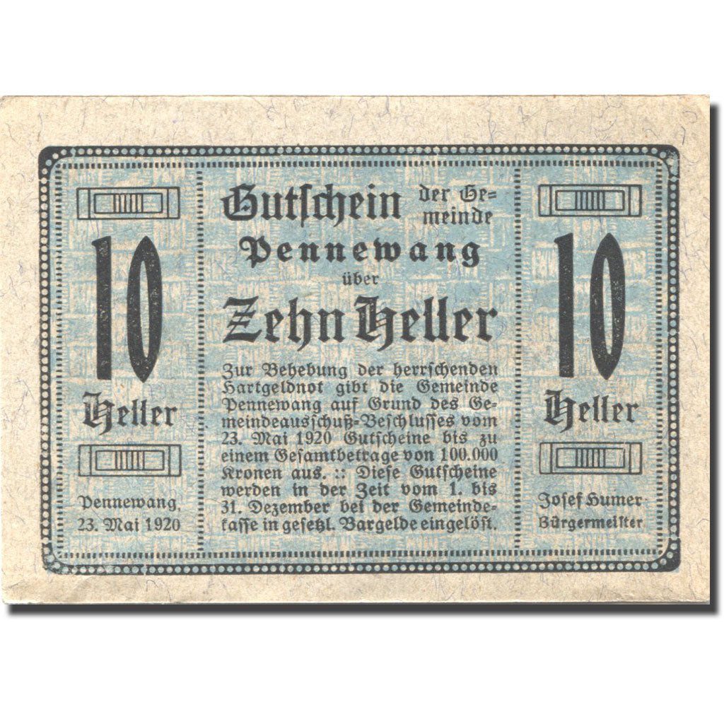 Banknote, Austria, Pennewang, 10 Heller, Eglise, 1920 UNC(63) blue Mehl:FS 727a