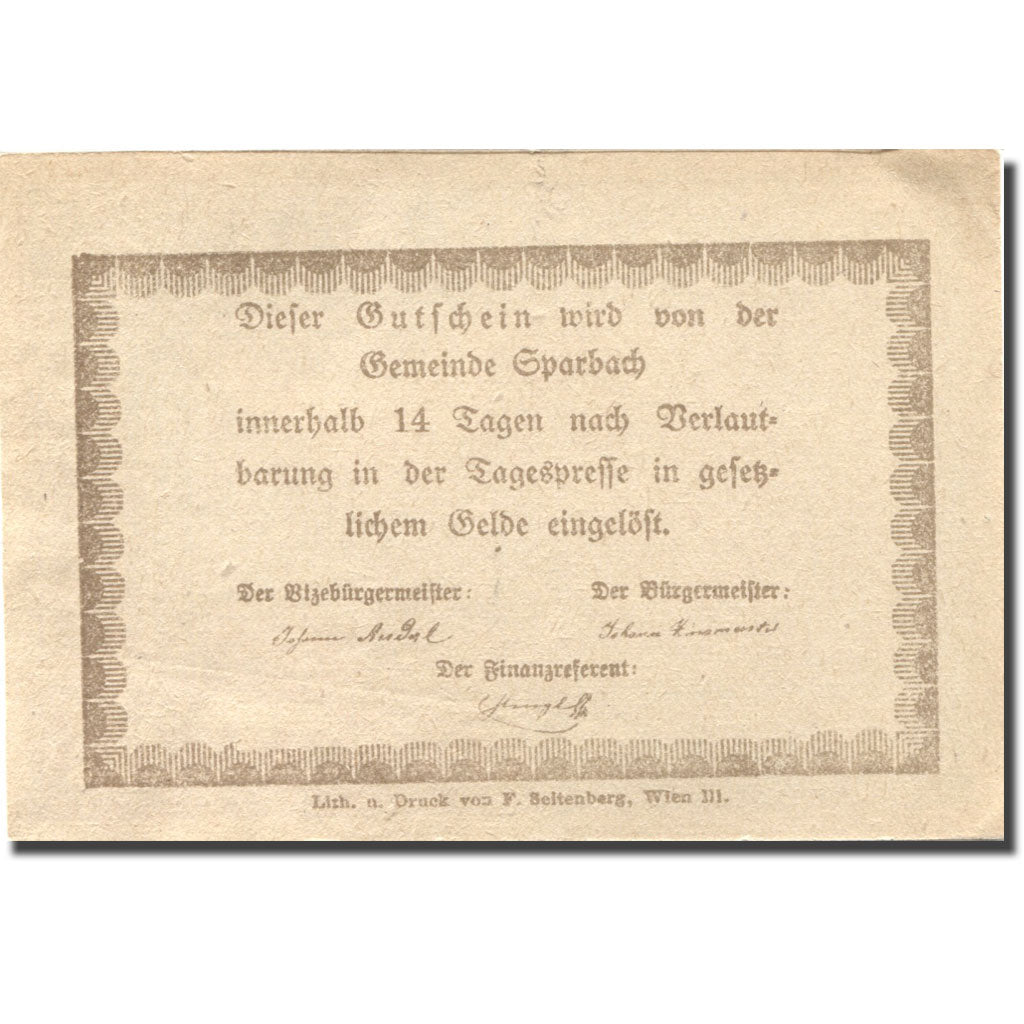 Billet, Autriche, Sparbach, 80 Heller, village 1, SUP violet Mehl:FS 1006a