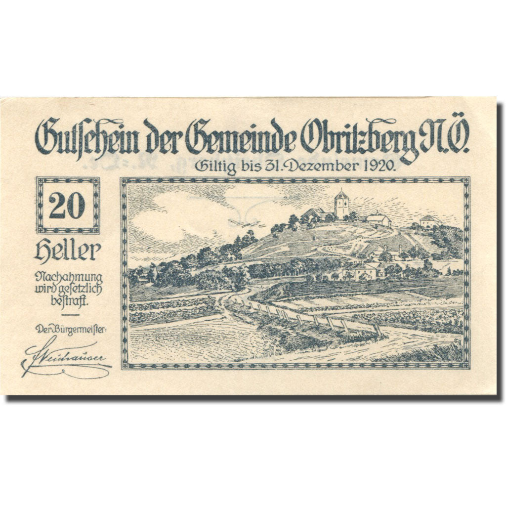 Banknote, Austria, Obritzberg, 20 Heller, village, 1920 AU(55-58) Mehl:FS 701a