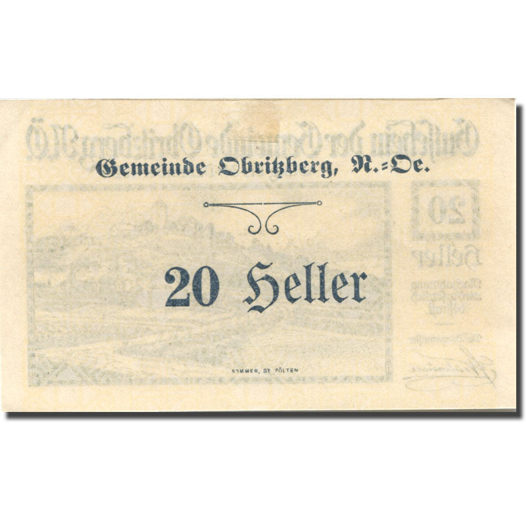 Banknote, Austria, Obritzberg, 20 Heller, village, 1920 AU(55-58) Mehl:FS 701a
