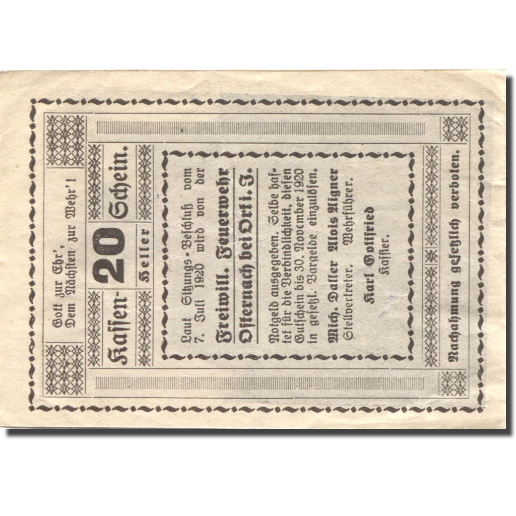 Banknote, Austria, Osternach, 20 Heller, soldat, 1920 EF(40-45) Mehl:FS 714