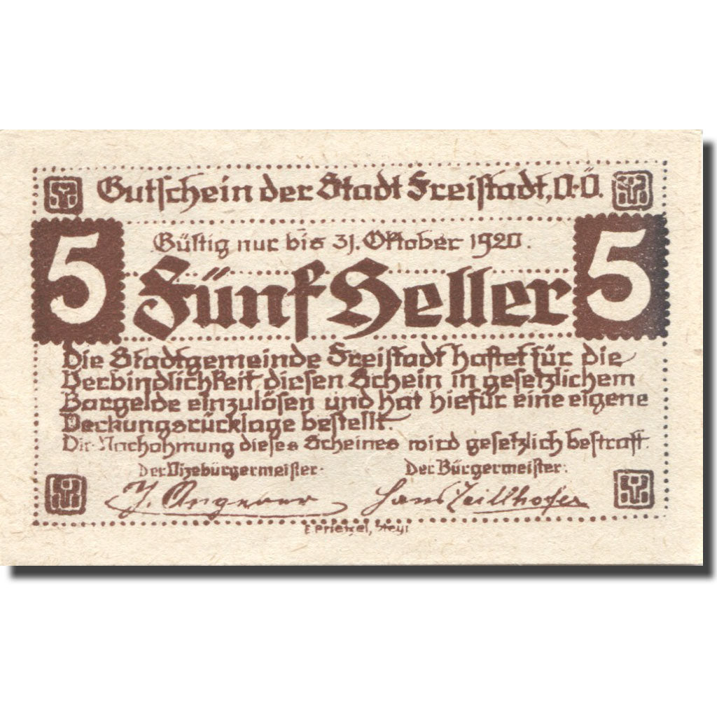 Banknote, Austria, Freistadt, 5 Heller, château, 1920 UNC(63) Mehl:FS 212a