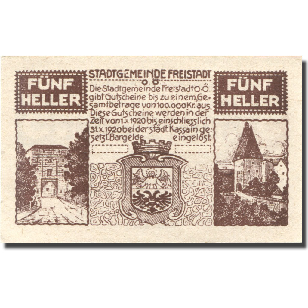 Banknote, Austria, Freistadt, 5 Heller, château, 1920 UNC(63) Mehl:FS 212a