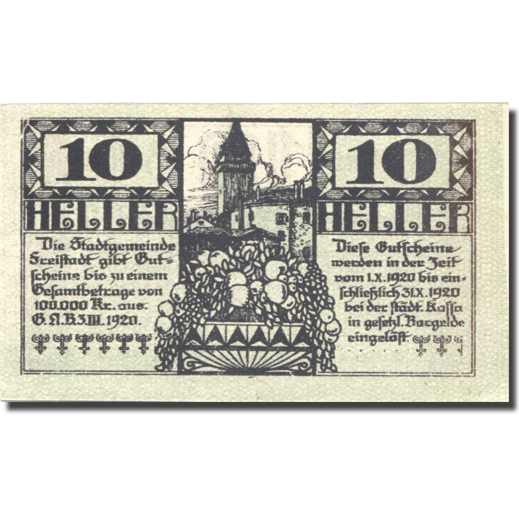 Banknote, Austria, Freistadt, 10 Heller, château, 1920 UNC(63) Mehl:FS 212a