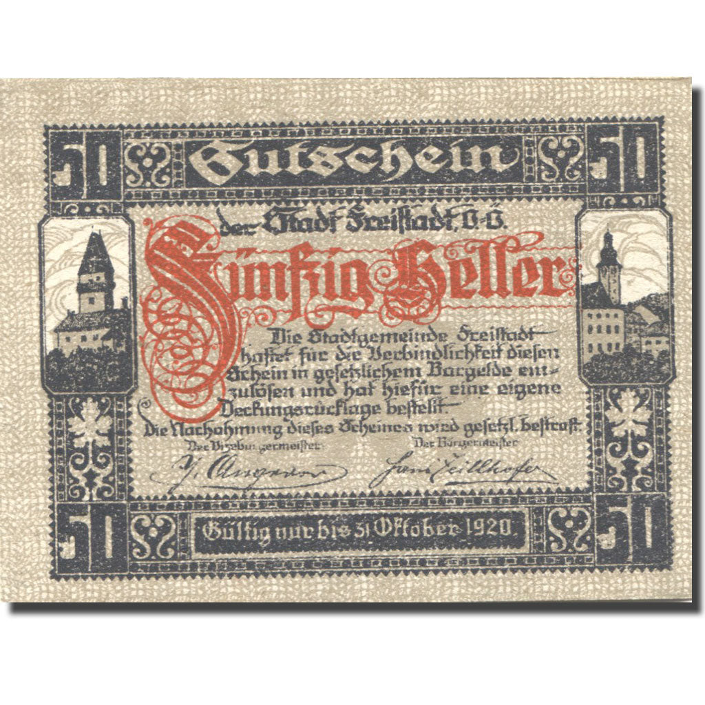 Banknote, Austria, Freistadt, 50 Heller, château 1920-10-31 UNC(63) Mehl:FS 212a