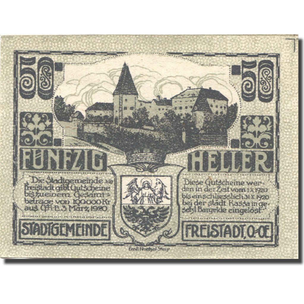 Banknote, Austria, Freistadt, 50 Heller, château 1920-10-31 UNC(63) Mehl:FS 212a
