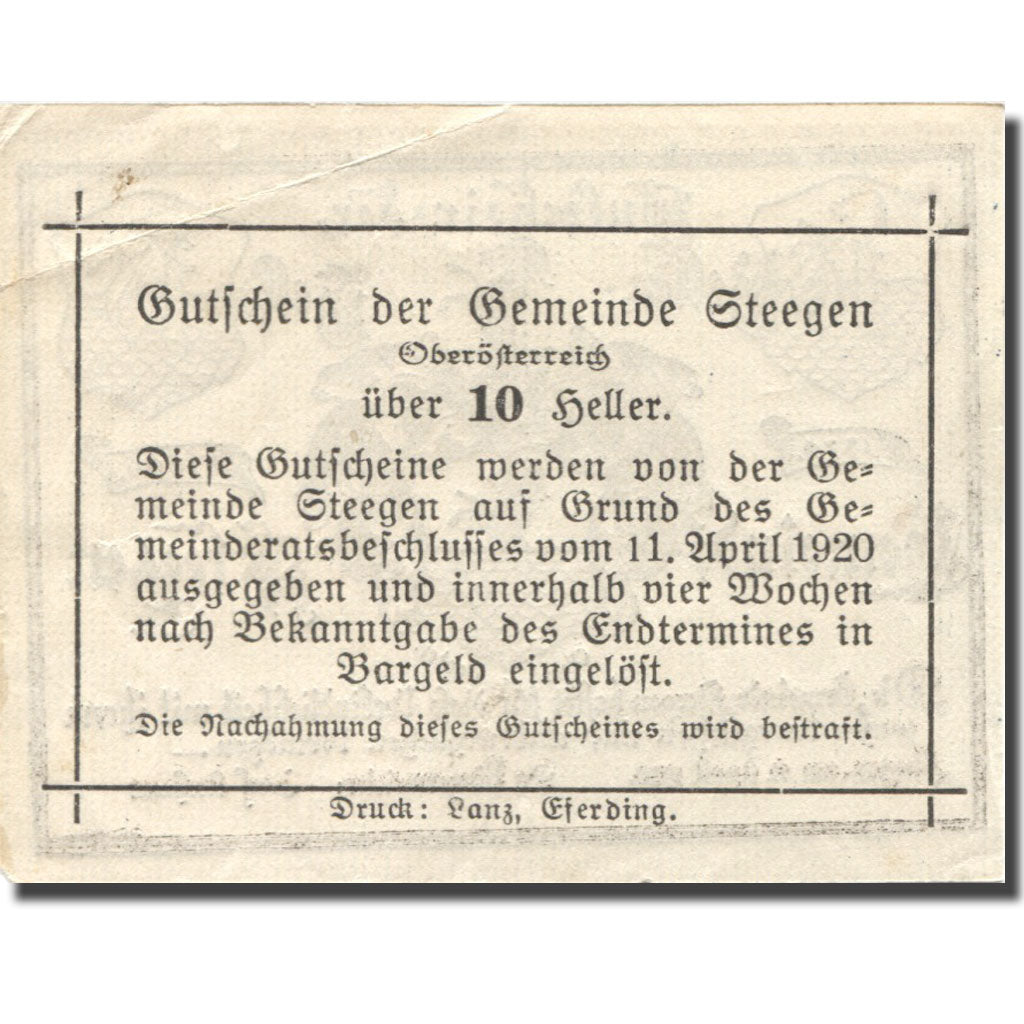 Banknote, Austria, Steegen, 10 Heller, Blason, 1920 AU(55-58) Mehl:FS 1012Ic1
