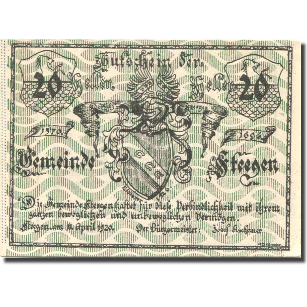 Banknote, Austria, Steegen, 20 Heller, Blason 1, 1920 UNC(63) Mehl:FS 1012Ia